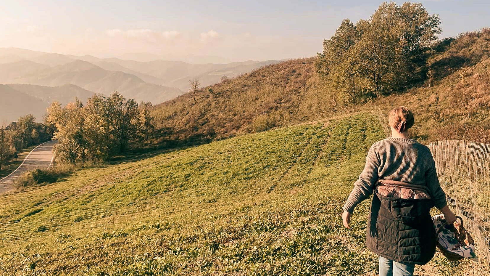 woman walking saffron fields in italian countryside