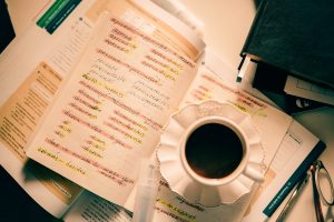language learning book and coffee