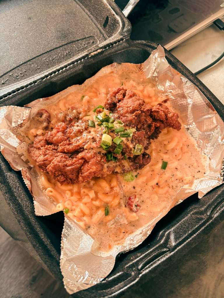 Heard Dat Kitchn Bourbon Street Love meal with fried chicken and mac and cheese