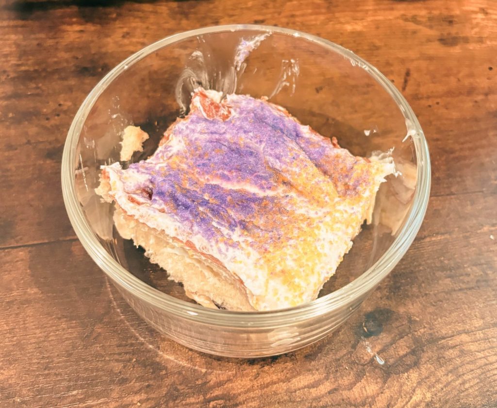 king cake in glass container