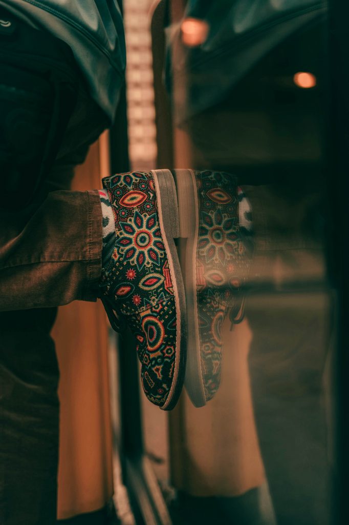 Decorated shoe propped on a window