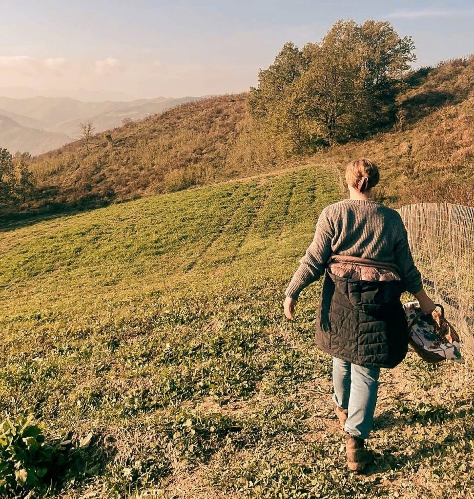 woman walking saffron fields in italian countryside