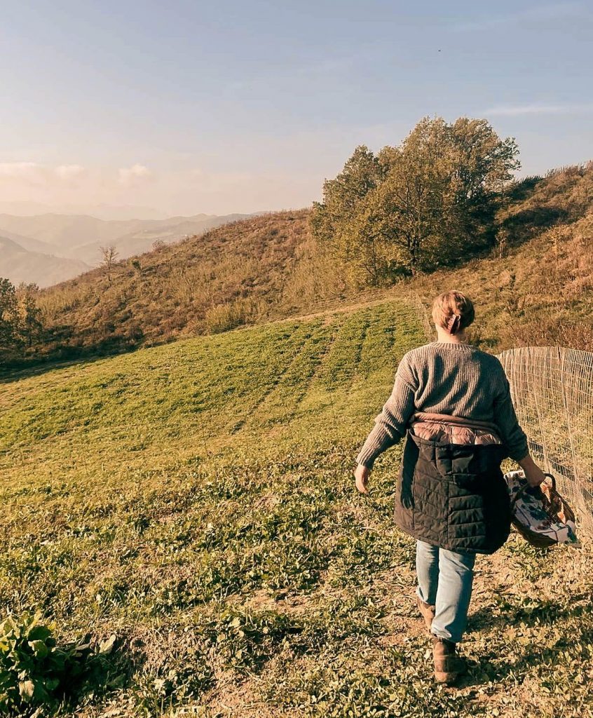 woman walking saffron fields in italian countryside