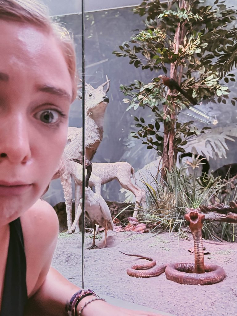 Elle in front of a taxidermized snake